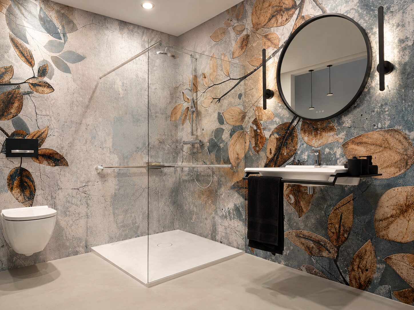 Fugenloses Bad mit Blättermuster an der Wand und Walk-in-Dusche